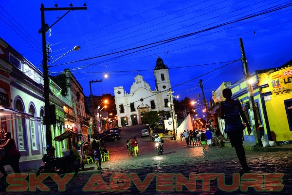 Street scene with colorful houses, Olinda, Pernambuco, Brazil.